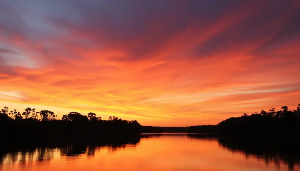 Sunset over Blackwood River in Augusta Western Australia with silhouettes of trees