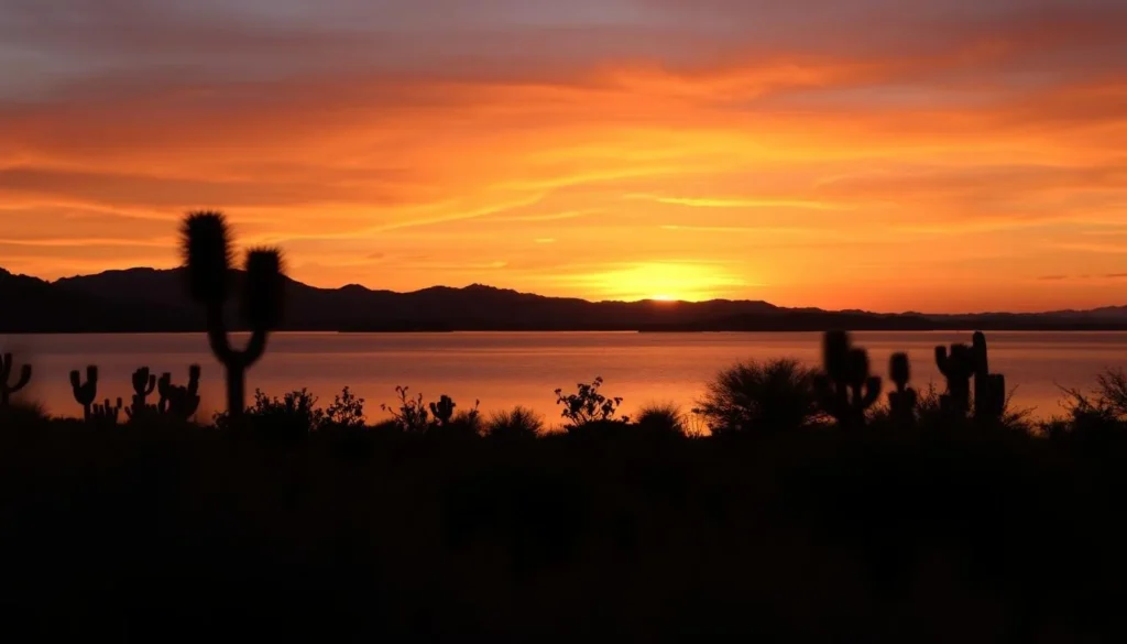 Sunset over Brantley Lake with silhouettes of desert plants