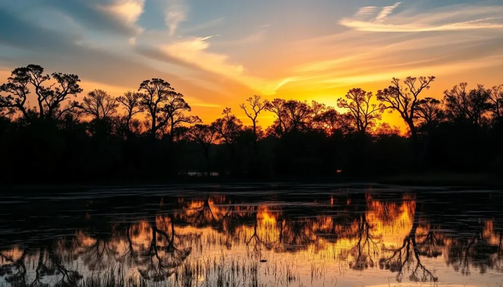 Sunset over Cache River State Park wetlands with golden light reflecting on water Sunset over Cache River State Park wetlands with golden light reflecting on water