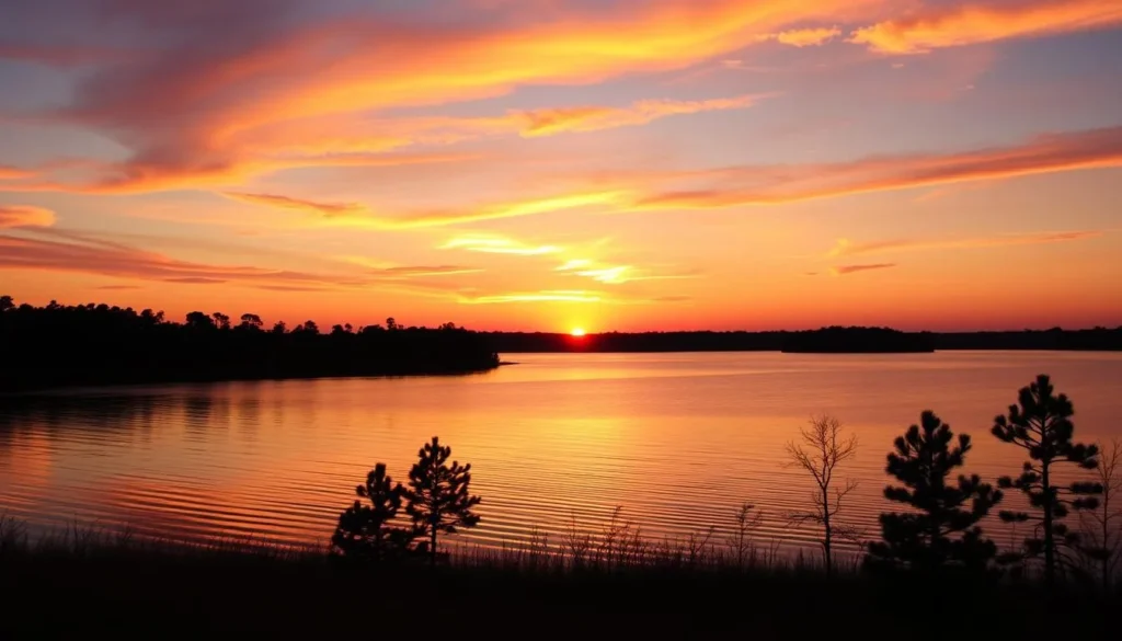 Sunset over Caney Lake with silhouettes of pine trees