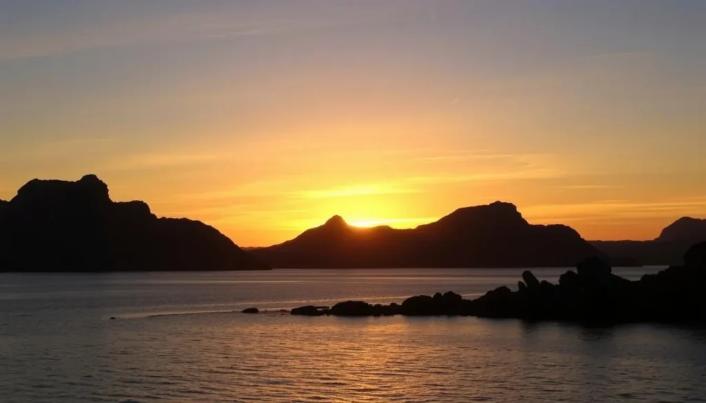 Sunset over Flinders Island coastline, highlighting the natural beauty of Furneaux Islands Tasmania
