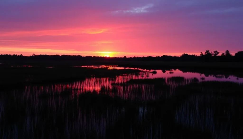 Sunset over Franks Tract State Recreation Area with silhouettes of wetland vegetation Sunset over Franks Tract State Recreation Area with silhouettes of wetland vegetation