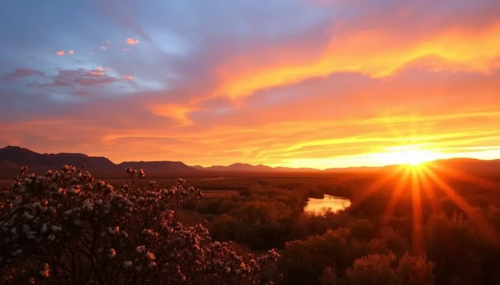 Sunset over Gila Box Riparian National Conservation Area with golden light illuminating the river and surrounding landscape Sunset over Gila Box Riparian National Conservation Area with golden light illuminating the river and surrounding landscape
