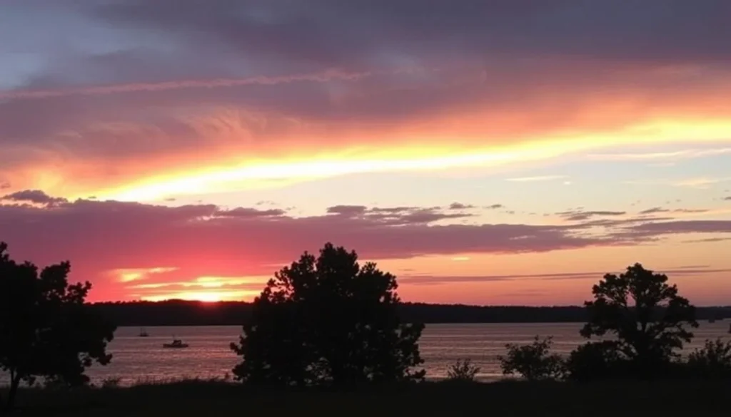 Sunset over Kinkaid Lake with silhouettes of trees and boats on the water