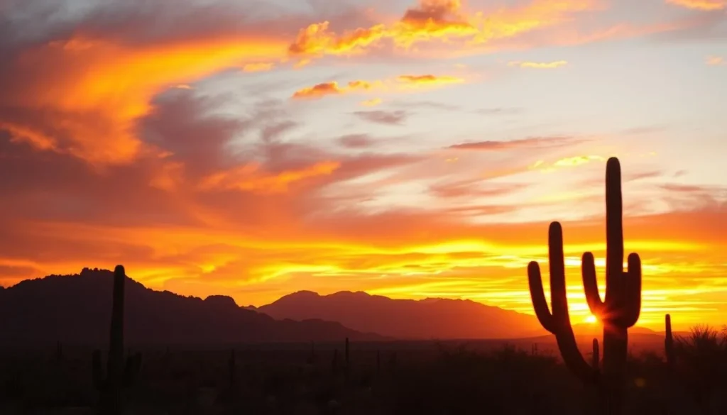 Sunset over Kofa Mountains with silhouetted saguaro cacti Sunset over Kofa Mountains with silhouetted saguaro cacti