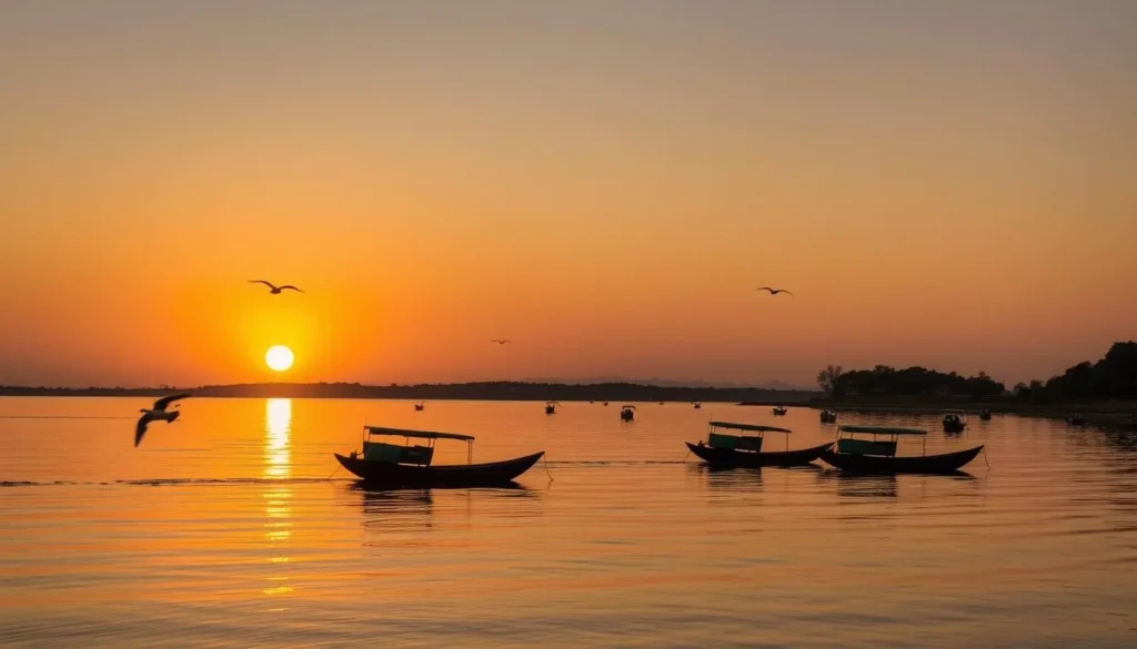Sunset over Lake Awassa in the Great Rift Valley with fishing boats and birds