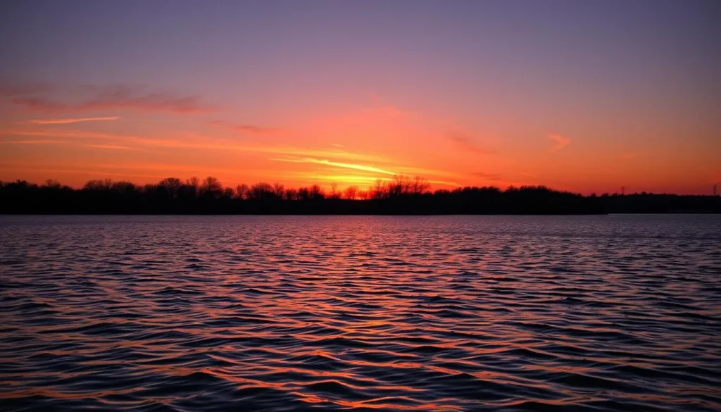 Sunset over Lake Decatur with silhouettes of trees and gentle ripples on the water Sunset over Lake Decatur with silhouettes of trees and gentle ripples on the water