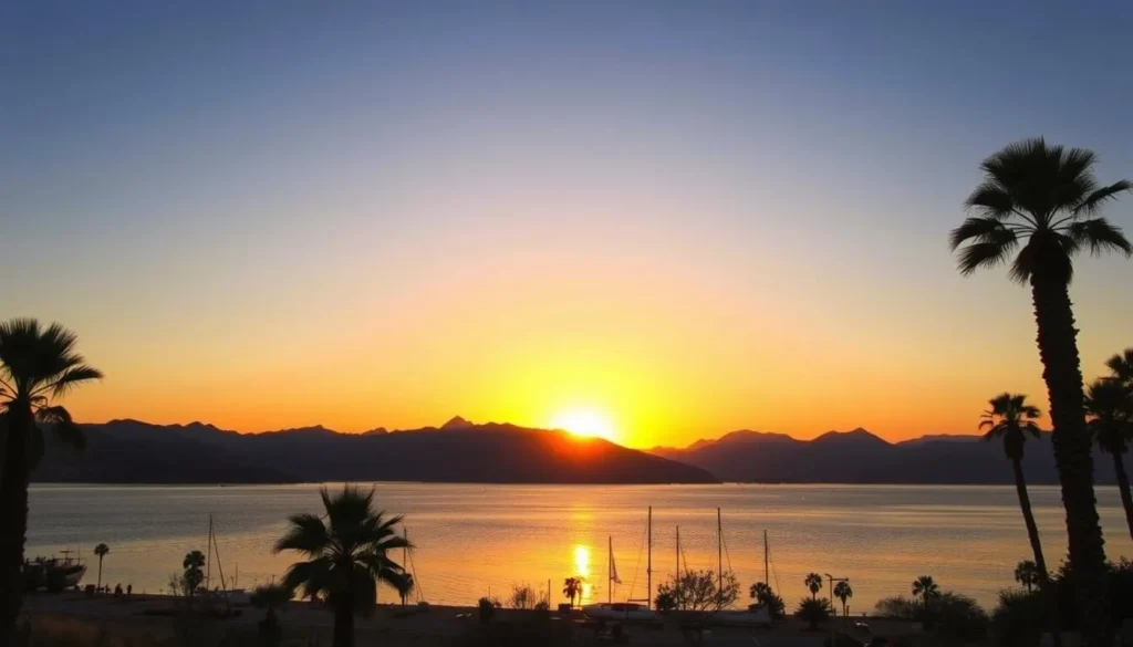 Sunset over Lake Havasu with silhouettes of palm trees and mountains Sunset over Lake Havasu with silhouettes of palm trees and mountains