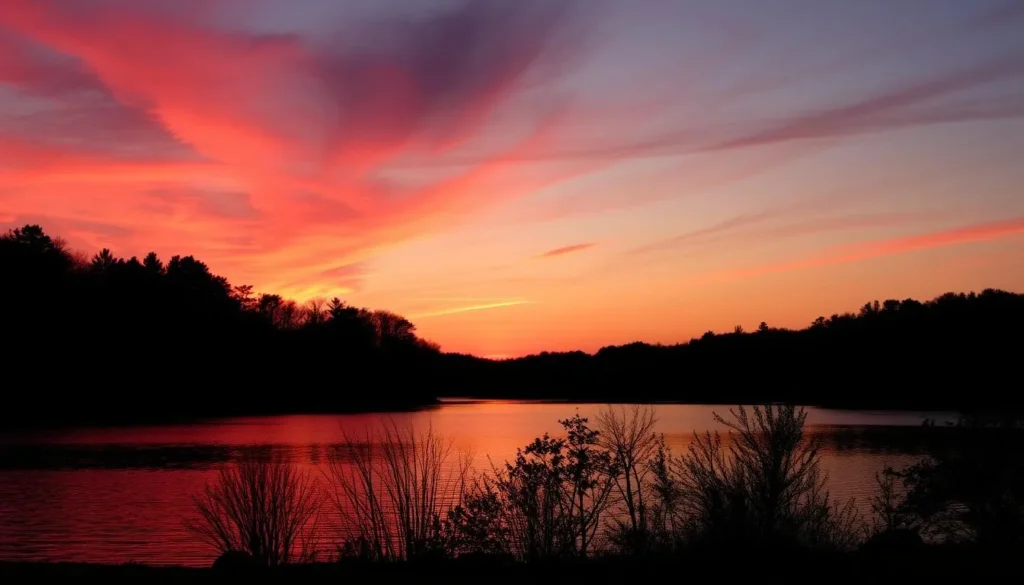Sunset over Lake Nockamixon with silhouetted trees and orange sky Sunset over Lake Nockamixon with silhouetted trees and orange sky