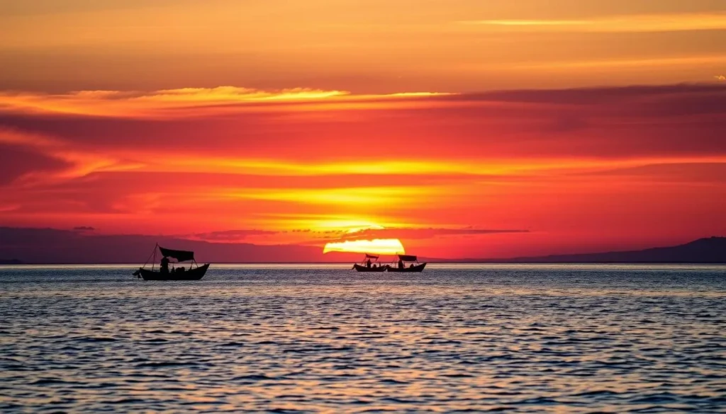 Sunset over Lake Turkana with traditional fishing boats silhouetted against the orange sky