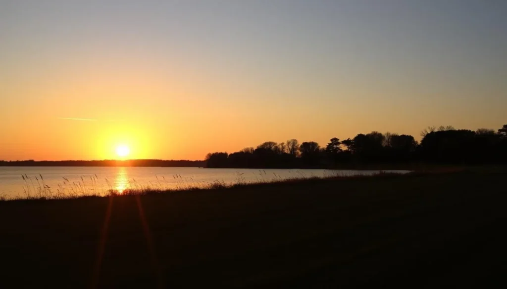 Sunset over Lake Vermilion with silhouettes of trees along the shoreline Sunset over Lake Vermilion with silhouettes of trees along the shoreline