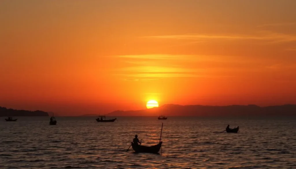 Sunset over Lake Victoria with silhouettes of fishing boats Sunset over Lake Victoria with silhouettes of fishing boats