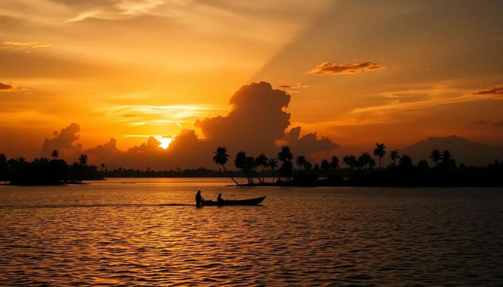 Sunset over Mashabo Lake with silhouettes of palm trees and a small boat returning to shore
