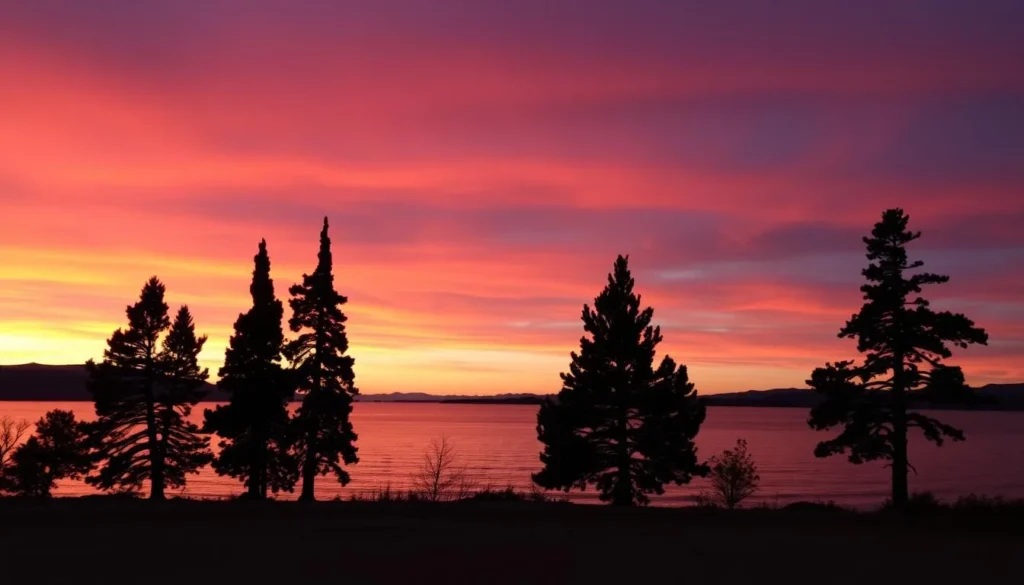 Sunset over Mermet Lake with silhouettes of cypress trees against an orange sky