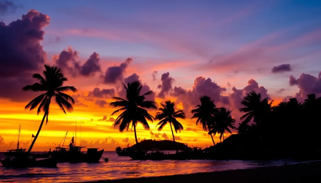 Sunset over Micoud Bay with silhouettes of palm trees and fishing boats