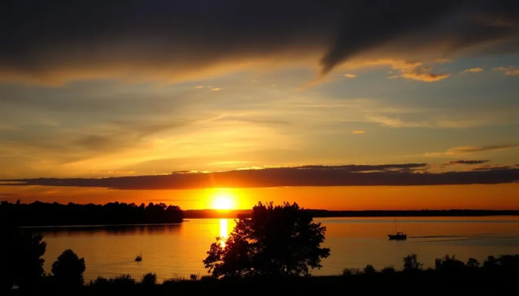 Sunset over Newton Lake with silhouettes of trees and a small fishing boat on the water Sunset over Newton Lake with silhouettes of trees and a small fishing boat on the water