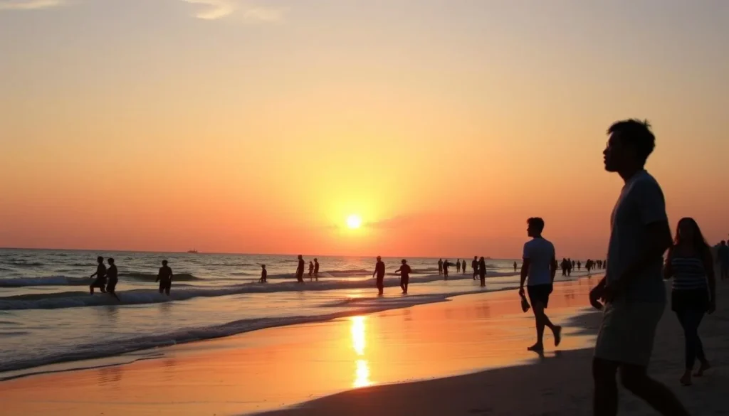 Sunset over Perdido Key State Park beach with silhouettes of beachgoers Sunset over Perdido Key State Park beach with silhouettes of beachgoers