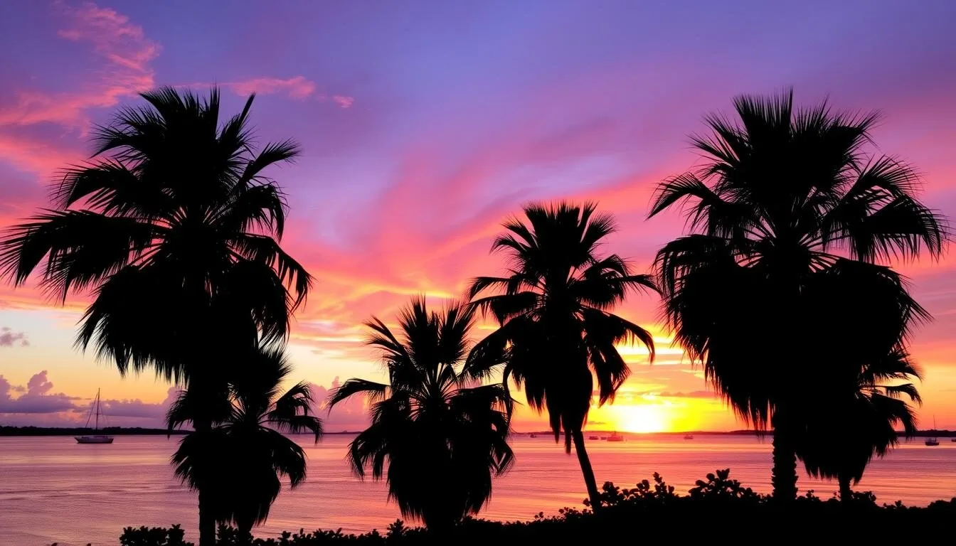 Sunset-over-Upper-Matecumbe-Key-with-palm-trees-silhouetted-against-orange-sky Sunset over Upper Matecumbe Key with palm trees silhouetted against orange sky