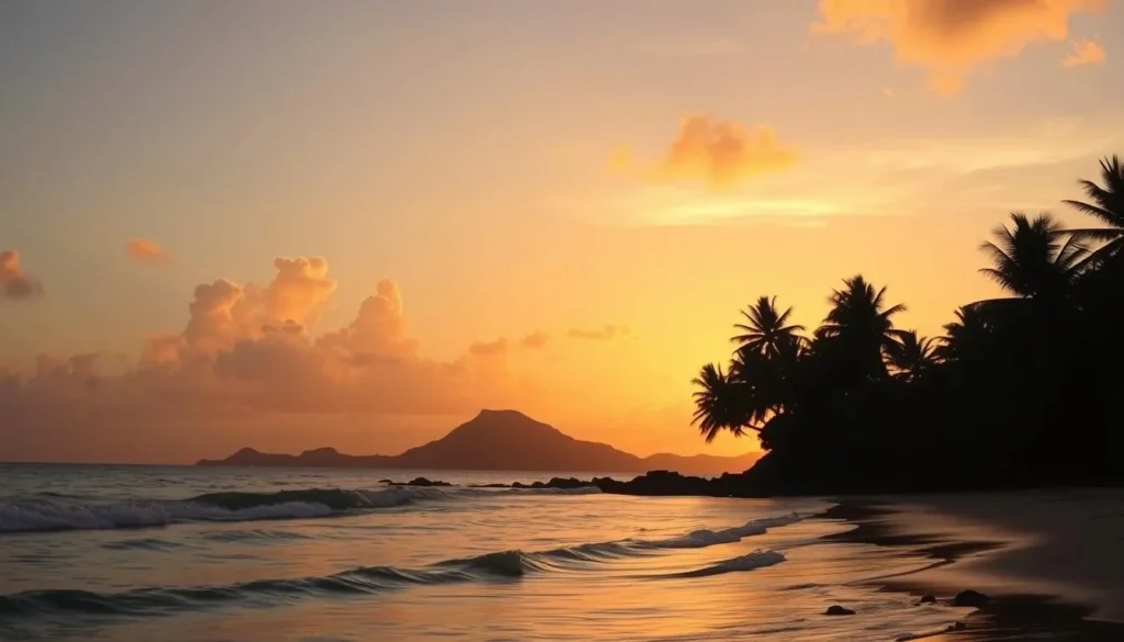 Sunset over the Caribbean Sea from St. Kitts with silhouette of Nevis island in the distance Sunset over the Caribbean Sea from St. Kitts with silhouette of Nevis island in the distance