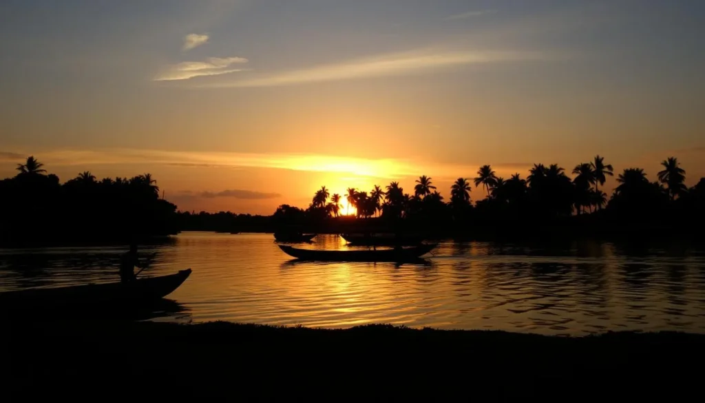 Sunset over the Demerara River in Linden with silhouettes of palm trees and traditional boats