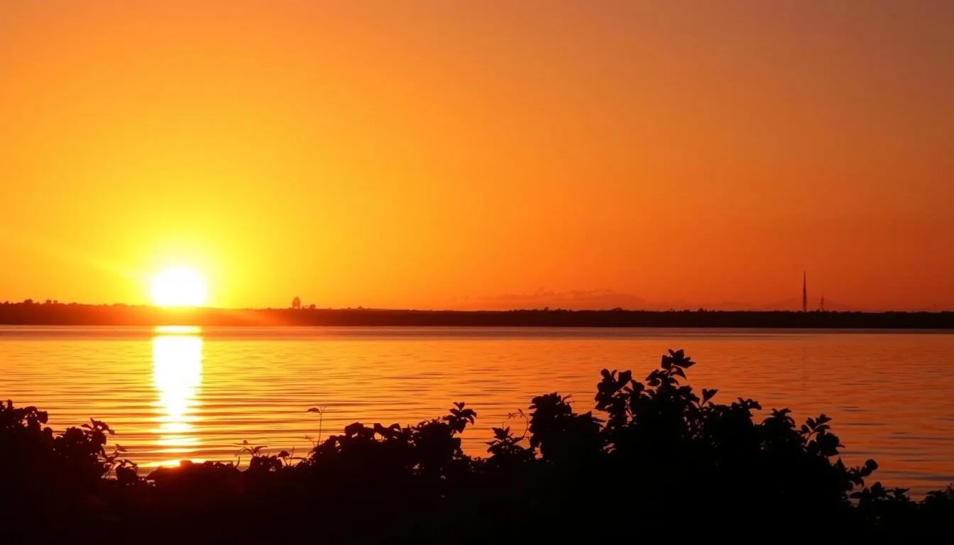 Sunset over the Essequibo River near Wakenaam Island with golden light reflecting on calm waters