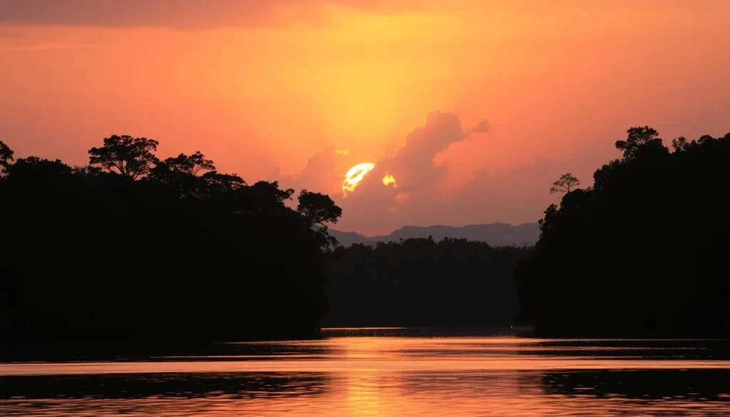 Sunset over the Essequibo River viewed from Sloth Island Nature Resort