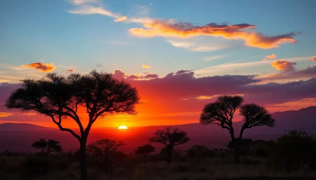 Sunset over the Great Rift Valley with silhouetted acacia trees creating a classic African landscape