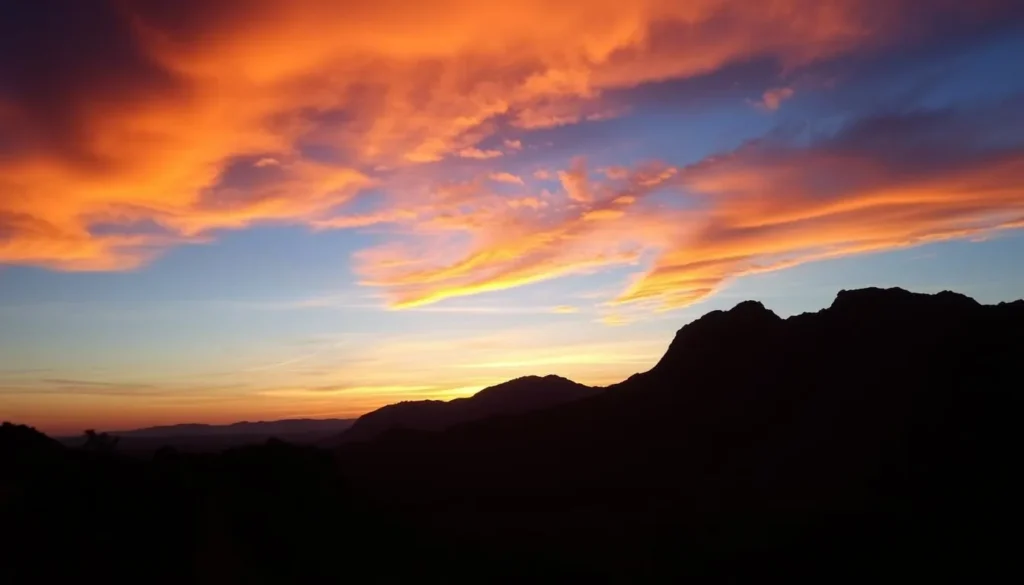 Sunset over the Kanuku Mountains during the dry season with golden light illuminating the landscape Sunset over the Kanuku Mountains during the dry season with golden light illuminating the landscape