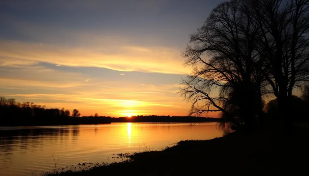 Sunset over the Kaskaskia River with silhouettes of trees and peaceful water reflecting golden light Sunset over the Kaskaskia River with silhouettes of trees and peaceful water reflecting golden light