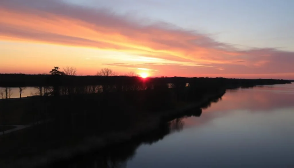 Sunset over the Mississippi River at Delabar State Park with silhouetted trees