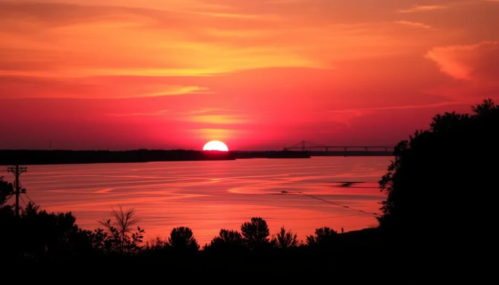 Sunset over the Mississippi River with silhouettes of trees and a beautiful orange and purple sky