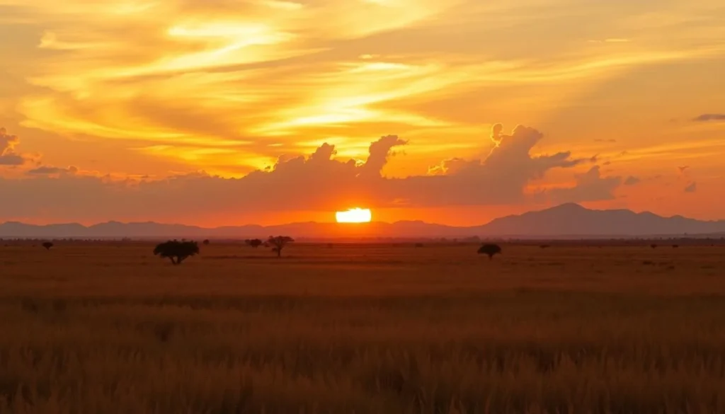 Sunset over the Rupununi Savannahs during dry season with golden light illuminating the landscape