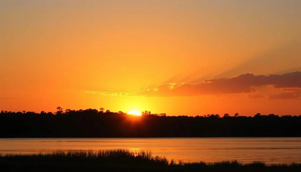 Sunset over the Suwannee River with silhouettes of trees