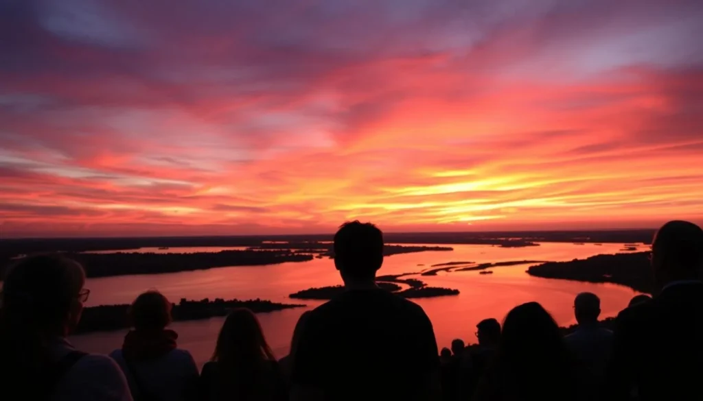Sunset over the confluence of the Mississippi and Ohio Rivers at Cairo with silhouettes of visitors enjoying the view Sunset over the confluence of the Mississippi and Ohio Rivers at Cairo with silhouettes of visitors enjoying the view