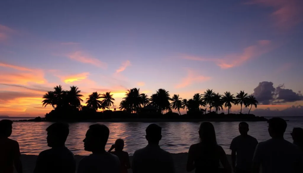 Sunset over the pristine beaches of Balabac Island with silhouettes of palm trees