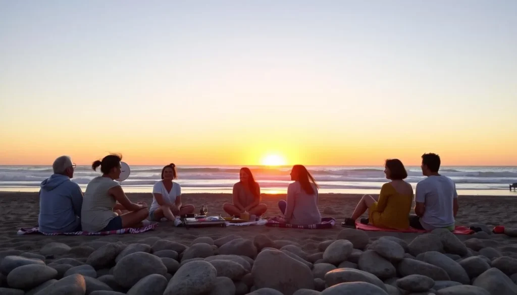 Sunset picnic at Moonstone Beach Cambria California with diverse visitors Sunset picnic at Moonstone Beach Cambria California with diverse visitors