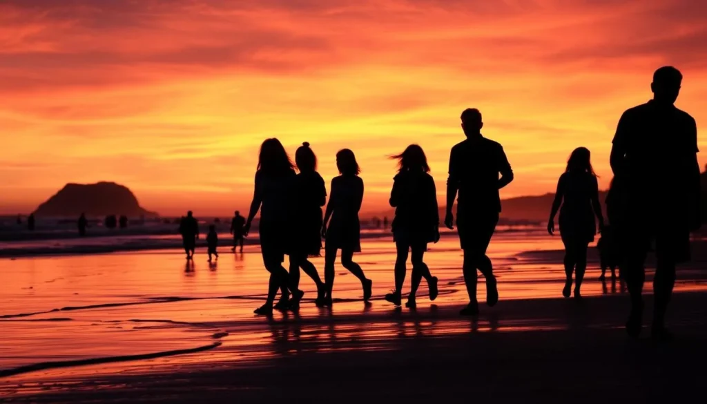 Sunset silhouette of visitors enjoying Morro Strand State Beach California Sunset silhouette of visitors enjoying Morro Strand State Beach California