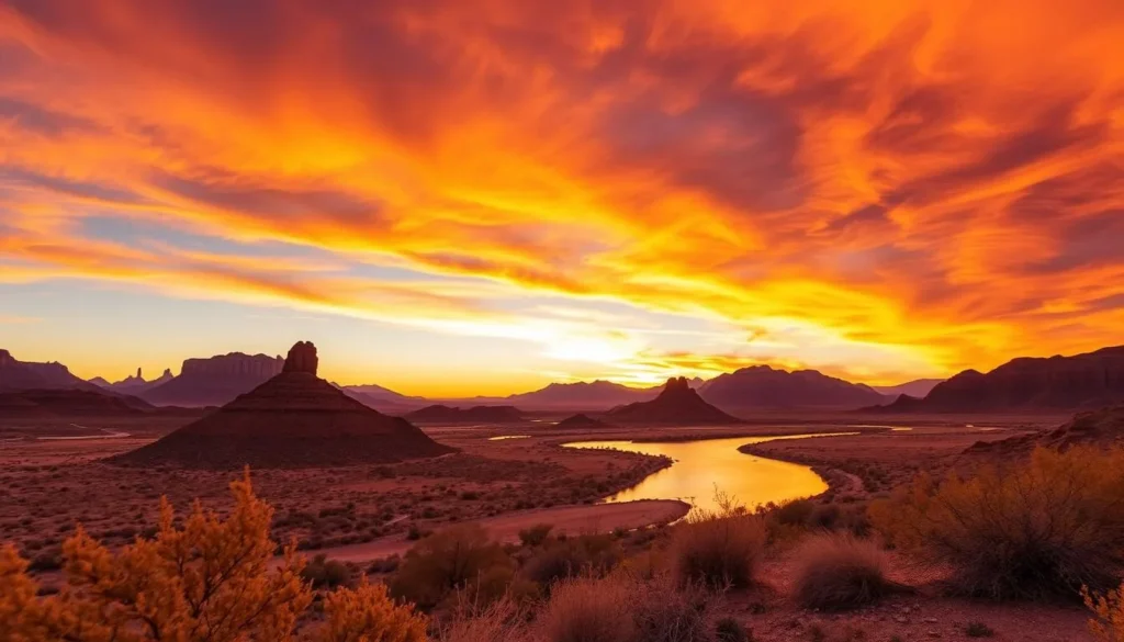 Sunset view at Picacho State Recreation Area showing colorful sky over the desert landscape with Colorado River Sunset view at Picacho State Recreation Area showing colorful sky over the desert landscape with Colorado River