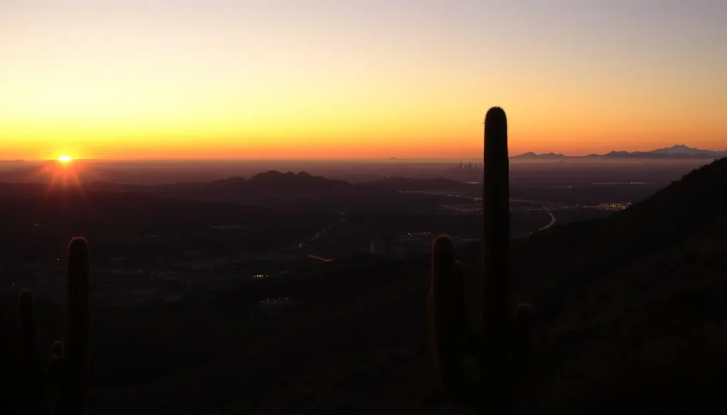 Sunset view from Camelback Mountain with silhouettes of saguaro cacti