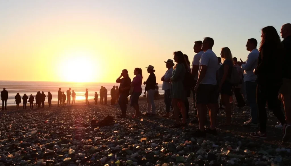 Sunset view from Glass Beach Fort Bragg California with visitors enjoying the view