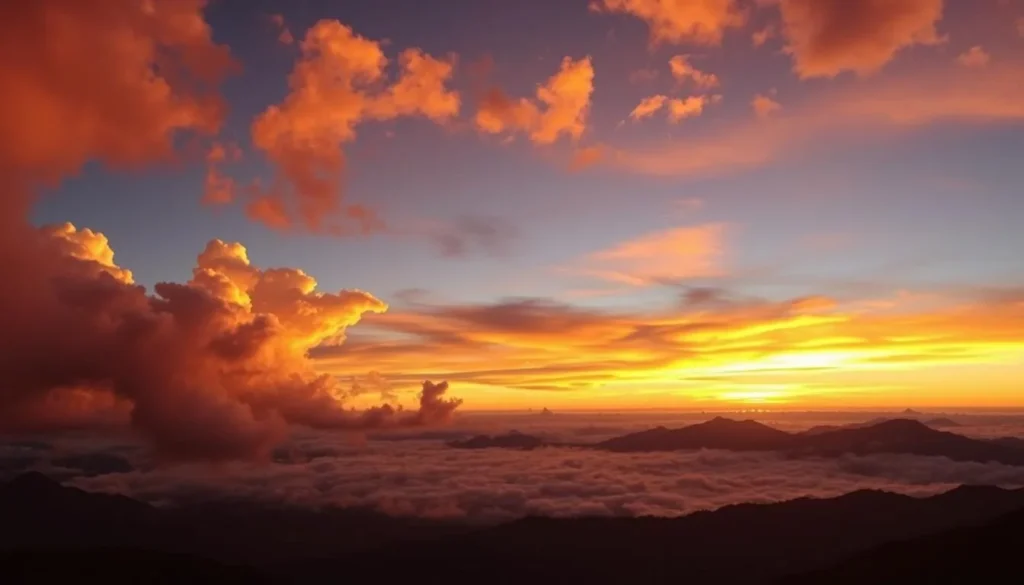 Sunset view from Mount Luigi di Savoia with dramatic clouds and mountain silhouettes Sunset view from Mount Luigi di Savoia with dramatic clouds and mountain silhouettes