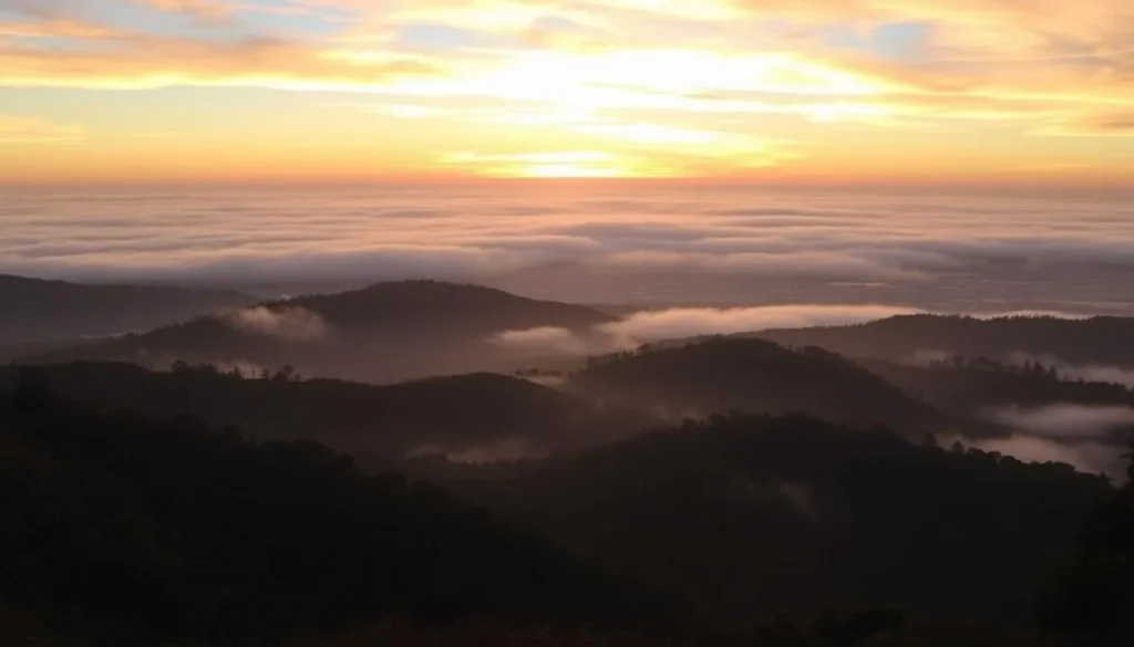 Sunset view from Mount Tamalpais with fog rolling over the San Francisco Bay Sunset view from Mount Tamalpais with fog rolling over the San Francisco Bay