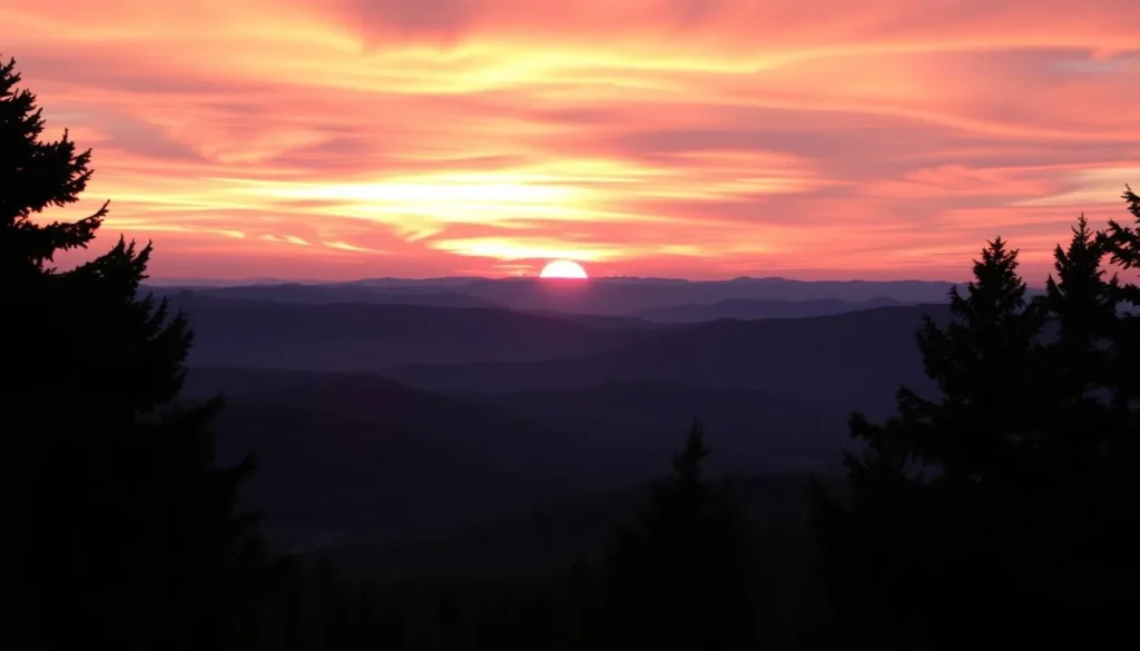 Sunset view from Negro Mountain showing colorful sky over forest landscape