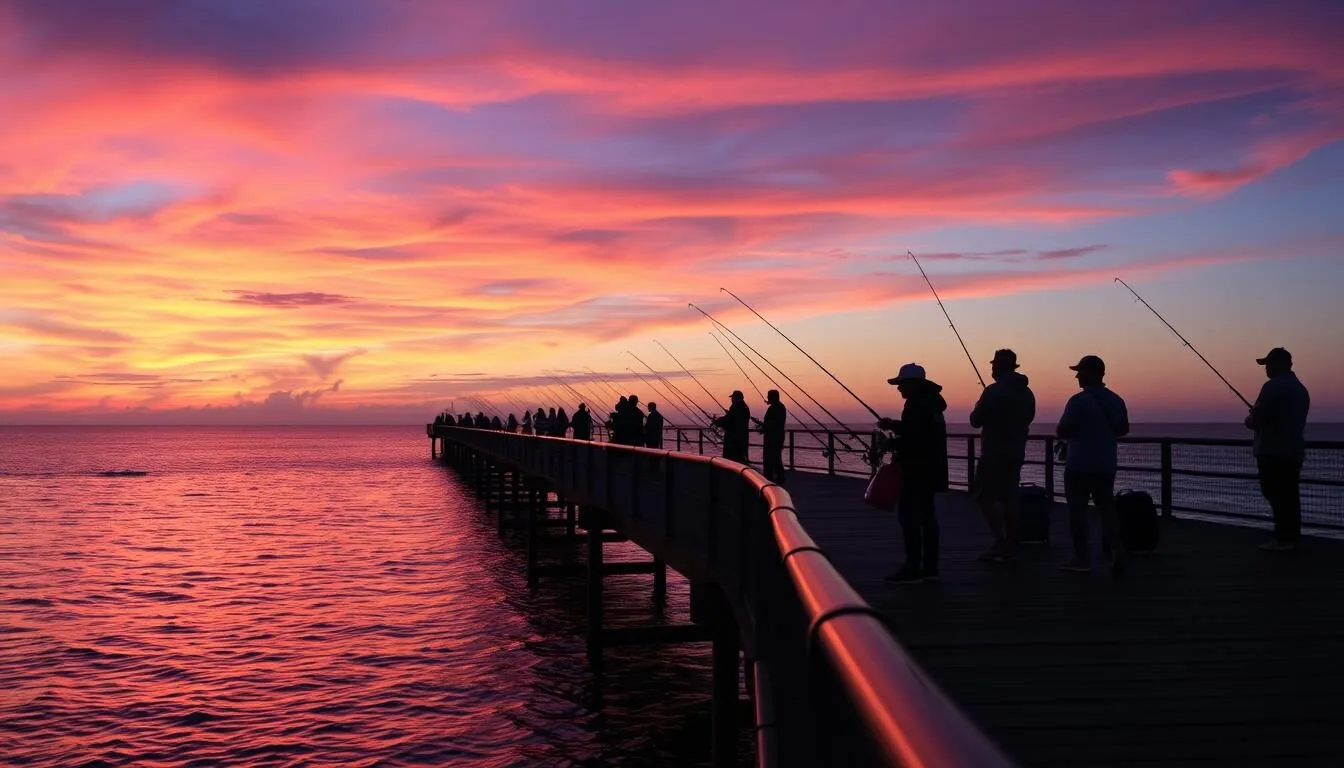 Sunset-view-from-Skyway-Fishing-Pier-State-Park-Florida-with-anglers-silhouetted-against-the Sunset view from Skyway Fishing Pier State Park Florida with anglers silhouetted against the colorful sky