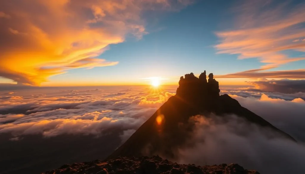 Sunset view from the summit of Mount Roraima with clouds surrounding the tepui and dramatic lighting Sunset view from the summit of Mount Roraima with clouds surrounding the tepui and dramatic lighting
