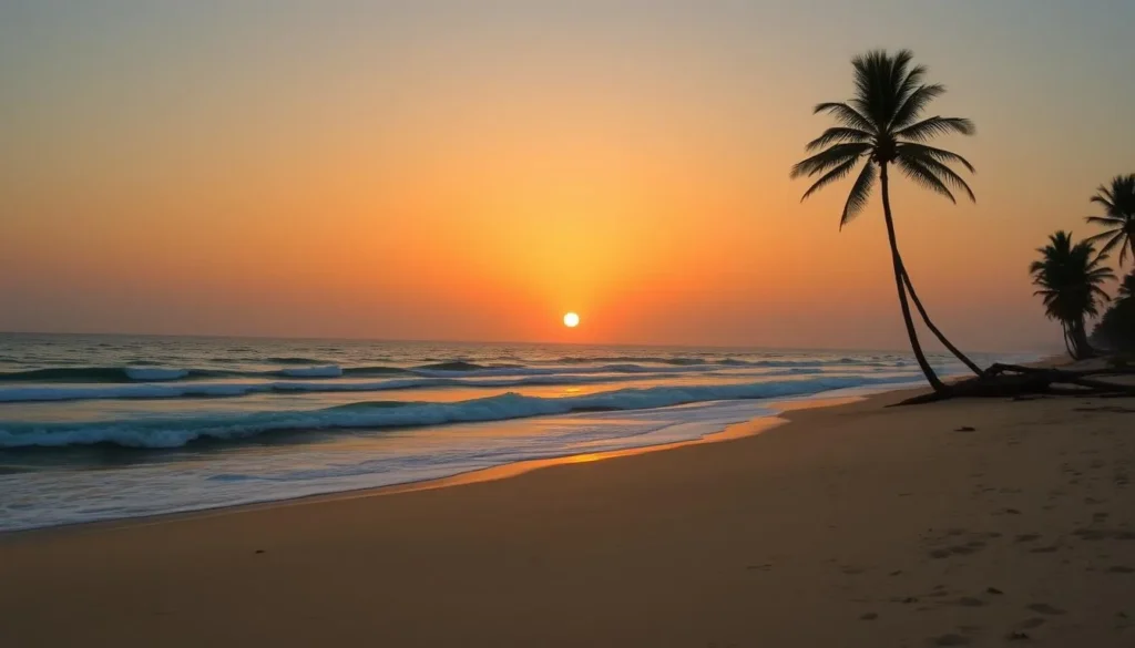 Sunset view of Cerritos Beach in El Pescadero with silhouettes of palm trees