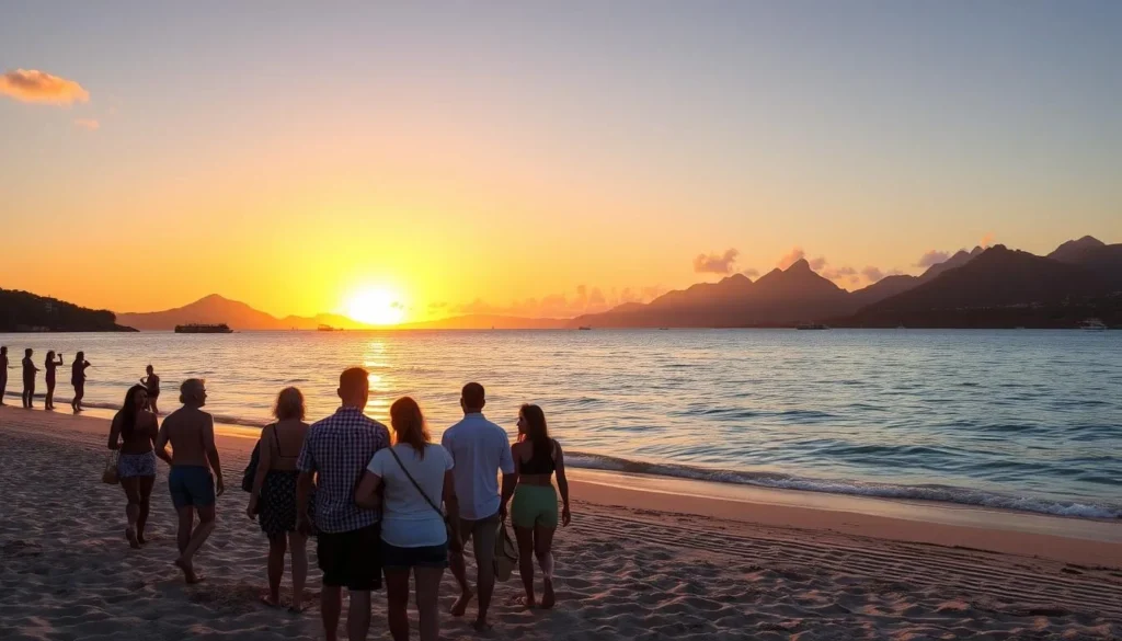 Sunset view of Grand Case beach with people enjoying the evening atmosphere