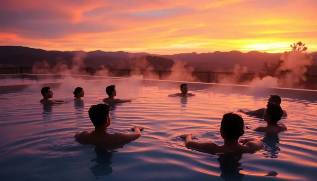 Sunset view of Harbin Hot Springs California with people relaxing in the pools Sunset view of Harbin Hot Springs California with people relaxing in the pools