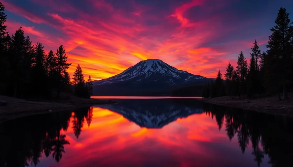Sunset view of Mount Lassen with colorful sky reflecting in a lake, showcasing the beauty of Mount Lassen California things to do Sunset view of Mount Lassen with colorful sky reflecting in a lake, showcasing the beauty of Mount Lassen California things to do