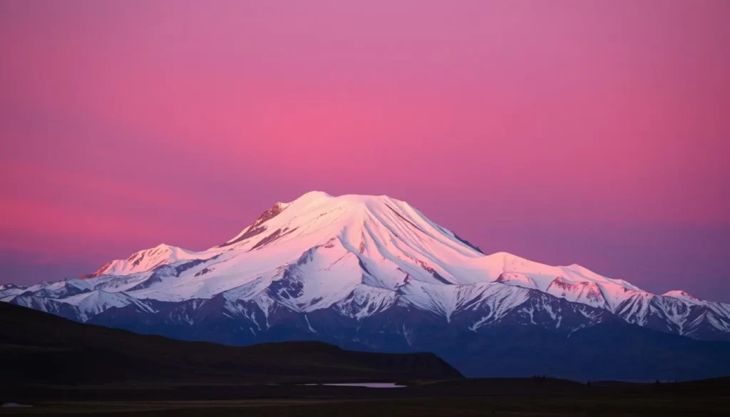 Sunset view of Mount Shasta with alpenglow on the peak Sunset view of Mount Shasta with alpenglow on the peak